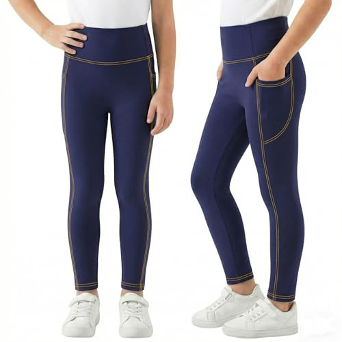 FILOWA Ragazza Leggings Jeans Elasticizzati Pantaloni con Tasche Lunghi Denim Legging Skinny Elastico Jeggings in Vita Alta Pants Parco Scuola Casual Abbigliamento per Bambina 12-13 Anni, Blu Navy