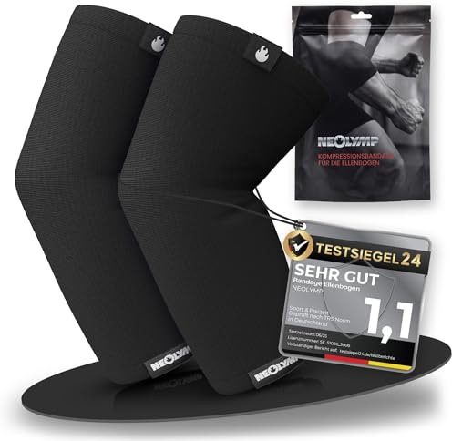 NEOLYMP Ellenbogenbandage Kraftsport – Kompressionsbandage für Bodybuilding, Tennisarm & Golferarm – Stabilität bei Dips & Push-Ups – Elastische Bandage (Schwarz, L | 31-36 cm)