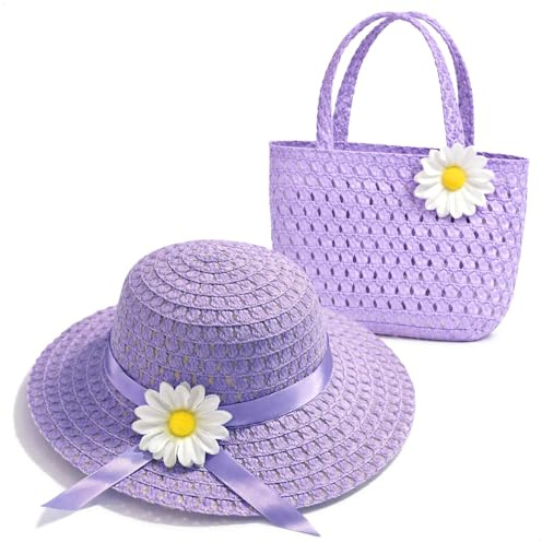 com-four® sommarhatt flicka med väska, halmhatt set med blomma