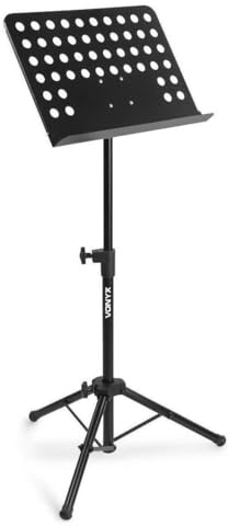 VONYX 116cm Adjustable Music Sheet Stand – Sturdy Metal Tripod with Large Perforated Sheet Holder for Orchestra, Conductor, Instrument Practice & Performance, Height 68-116cm, Black