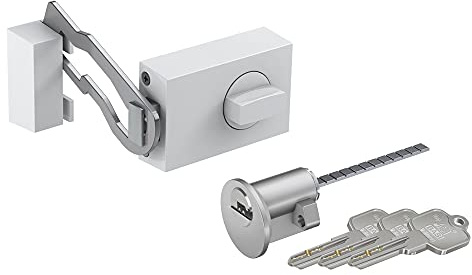 BASI | SET aus Türzusatzschloss mit Sperrbügel und Außenzylinder | Drehknauf | Zylinder mit Wendeschlüssel | massiver Riegel | Zusatzsicherung für Haus- und Wohnungstüren | Dornmaß 60 mm | Eckig