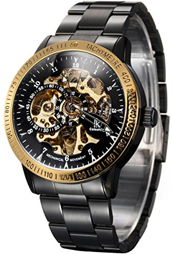 Alienwork IK Montre Automatique Homme Femme Noir Bracelet en Métal Acier Squelette Fond de Verre