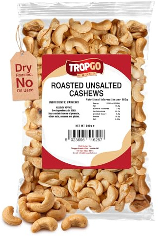 Tropgo Roasted Cashew Nuts Unsalted 500g - Dry Roasted, No Oil Used, Unsalted Cashew Nuts with Fibre, Protein, and Minerals, Kosher Approved, Perfect for Snacking