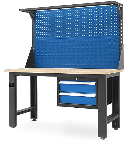 Jan Nowak Banco da lavoro con parete per fori per utensili Tavolo da lavoro con 2 Presa di corrente In metallo Piano del tavolo in MDF Caricabile fino a 600 kg 170 cm x 150 cm x 75 cm (Antracite-Blu)