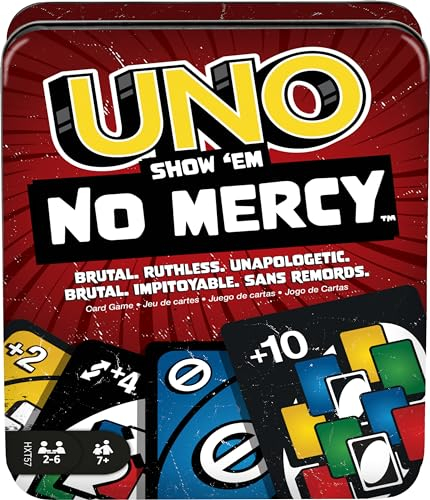 Mattel Games UNO No Mercy Kartenspiel in Einer Aufbewahrungsdose zum Mitnehmen für Kinder, Erwachsene und Familienabende mit zusätzlichen Karten, Sonderregeln und härteren Strafen, HXT57