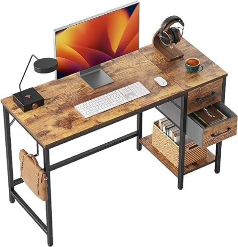 Cubiker Computertisch für das Home Office mit Schubladen, 100 cm Kleiner Schreibtisch zum Studieren und Schreiben, moderner einfacher PC-Tisch, Braun