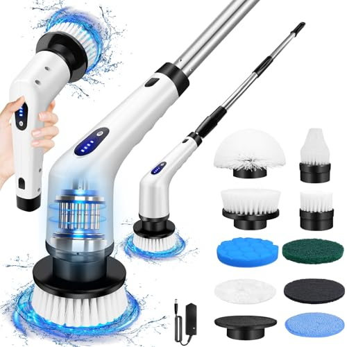 Brosse Electrique Nettoyage Rotative, Brosse de Nettoyage sans Fil avec 9 Têtes de Brosse Remplaçables, Electric Spin Scrubber avec Poignée Réglable et 2 Vitesses pour Salle de Bain Cuisine Voiture