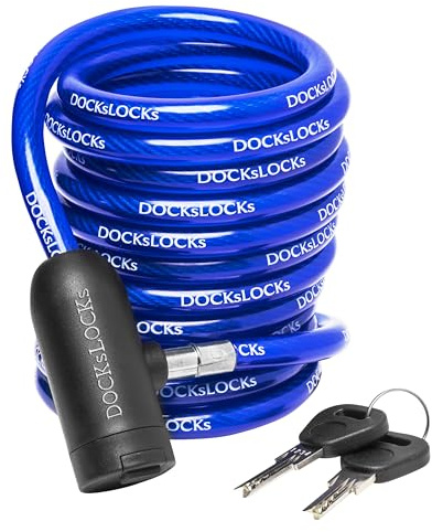 DocksLocks Weatherproof Coiled Security Bike Cable Lock with Keys, 15ft | 10mm vinyl-coated steel cable; outdoor anti-theft for kayaks, paddleboards, scooters, jet skis & equipment; 2 keys; 5ft-25ft