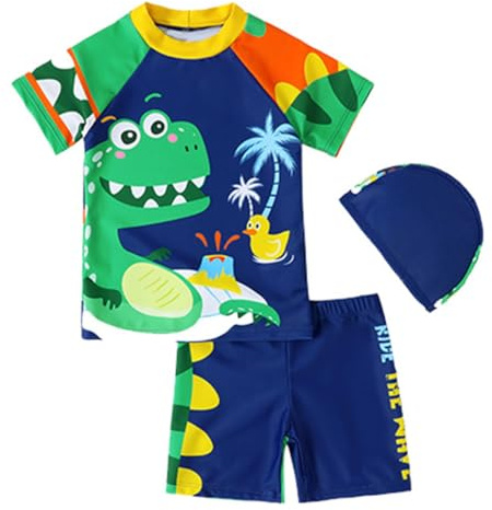 LUVCES Traje de Baño para Ninos Conjunto de 3 Piezas Estampado Dinosaurio/Tiburón Camiseta + Trusa para Nadar + Gorro Bañador Piscina Rashguard 3Pcs Dinosaurio 5-6 Años