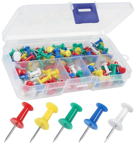 YOYUSH Push Pins, 100 Pcs Reusable Drawing Pins with Solid Plastic Storage Box, Rustproof Thumb Tacks for Cork Notice Pinboard Bulletin Board - School & Office Use (Multicolor)