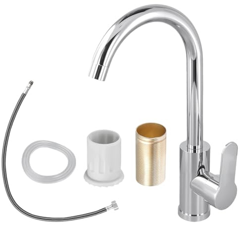 SINJEUN Grifo de cocina de baja presión, 35 cm de altura, color plateado, con conexiones, giratorio 360°, acero inoxidable, baja presión, grifo monomando