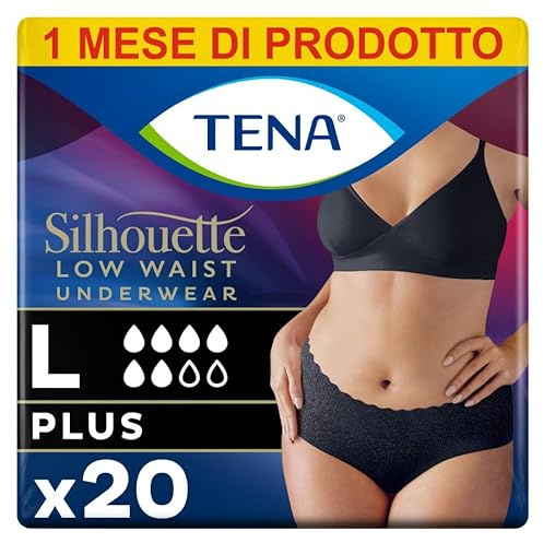 Donna Tena Silhouette, Noir, Vita Bassa, Taglia L, 20 Mutandine, per Perdite Urinarie, Elasticizzate, Monouso
