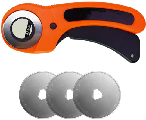 Cuter Rotativo Corta Telas 45 mm con Mango Ergonómico de Plástico, Set de Accesorios Costura, Cortador de Tela, Cortadora Cartón, Cortador Circular Papel y Guillotina Papel Profesional