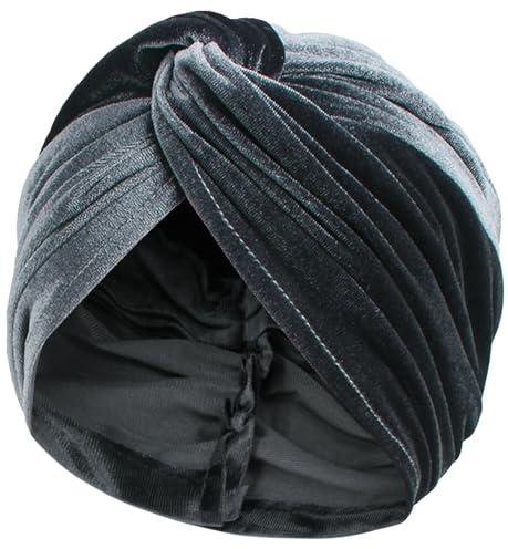 HIQUACC Velvet Turban Hat for Women Pre Tied Headwrap Beanie Cap Grey