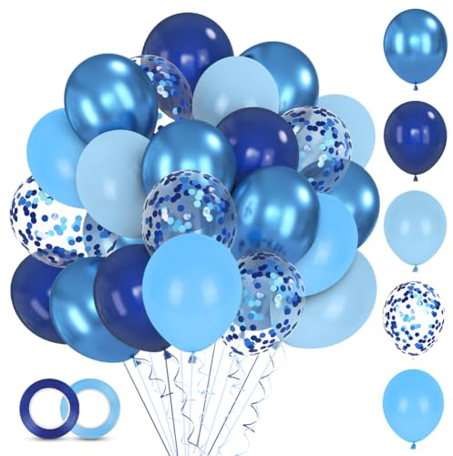 Alaoo Blå och ljusblå ballonger, set med 60 st 30 cm (12 tum) ballonger med blå konfettiballong, vackra ballonger för examen, födelsedag, bröllop, festdekorationer, mörkblå