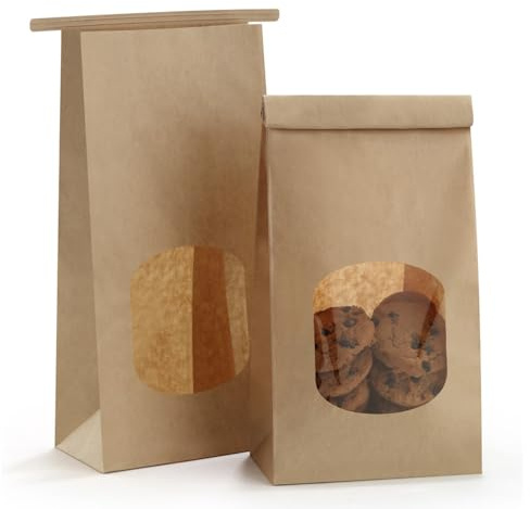 BagDream Bakery Bags with Window 100pcs 4.5x2.36x9.6 Inches Window Tin Tie Tab Lock Kraft Brown Paper Bags for Coffee Bean, Cookies, Treat, Snack