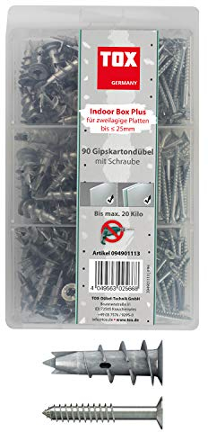 TOX Sortiment Indoor Box Plus mit Gipskartondübel Spiral Plus 37-4 + Schraube, Dübellänge 32 mm, Dübelsortiment für ein- und zweilagige Gipskartonplatten und Gipsfaserplatten, 180-tlg., 094901113