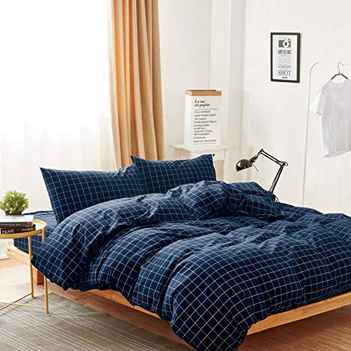 Wake In Cloud - Grid Cotton Duvet Cover Set, Plaid Checkered Geometric Farmhouse, 100% Washed Cotton Textured Bedding Set, 3 Pieces, Navy Blue, Queen Size