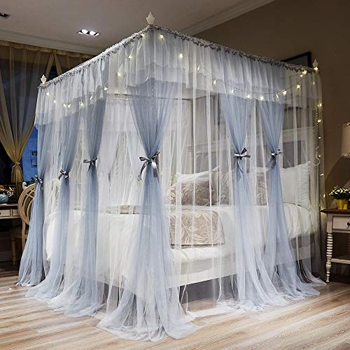 Joyreap Lussuose tende da letto a baldacchino a 4 angoli, colore grigio e bianco, accoglienti drappeggiate, in rete, in stile principessa, accessori decorativi per camera da letto (218,4 cm di