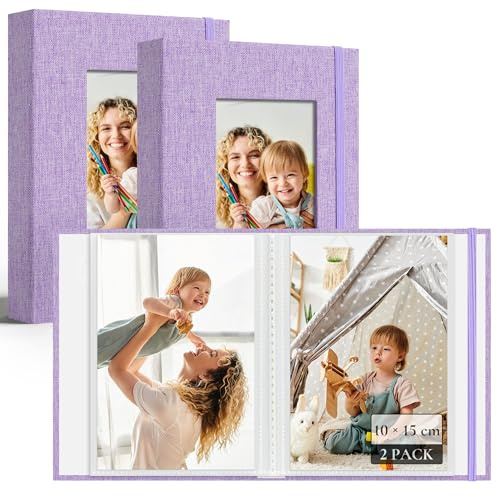 Vienrose Fotoalbum 10x15 cm 2 Pack, 26 Seiten für 52 Fotos, Morado | Leineneinband, Kleine Einsteckalben mit Fenster für Baby, Hochzeit, Reisen und Erinnerungen.
