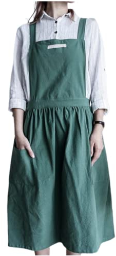 Delantal de mujer japonés de algodón y lino chef ropa de trabajo para cocina restaurante cocina jardinería pintura delantal vintage delantal de cocina con 2 bolsillos, Verde, Talla única