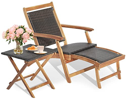COSTWAY Set Sedia a Patio e Tavolo, Poltrona con Poggiapiedi Telescopico Lungo, Mobili da Giardino da Esterno Pieghevole, in Rattan e Legno di Acacia, per Esterni, Giardino, Cortile