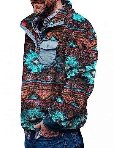 Men's Aztec Fleece Pullover Fuzzy Sherpa Fleece Jacket Button Down Sweatshirt Warm Vintage Sweatshirt with Pocket for Men, A: Blue, L