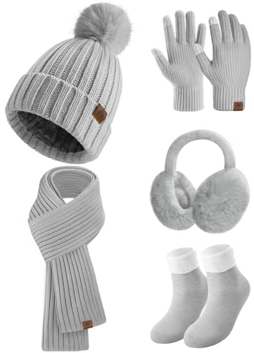 heekpek 5 en 1 Tricotés Ensemble Femme Hiver Bonnet Echarpe Gants d'écran Tactile Doublure Doux Tricoté Chaud Cache Oreilles Chaussettes Thermiques pour l'hiver Ski Sports, Gris, Taille unique