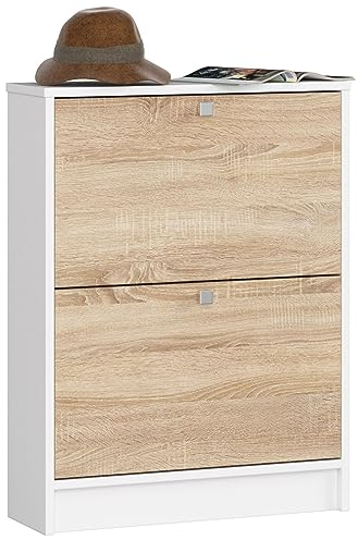 AKORD | Schuhschrank mit 2 Schuhkippern | Schuhkipper | Schuhregal geschlossen | Schuhbank | Schuhaufbewahrung | B60 x H80 x T20 cm, Gewicht 21 kg | Weiß | Sonoma-Eiche