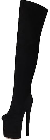 Roimaash Fashion Stretch Boots Overknee Pull on Elastic Thigh High Boots Pointed Toe Block Heels Evening Party Dress Long Boots Patent Suede-Black Plus Size 43