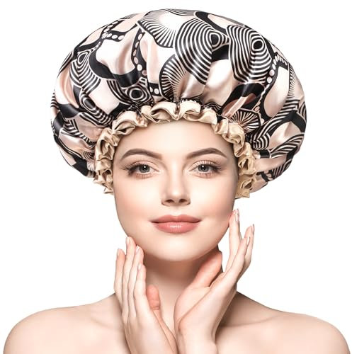 mikimini Shower Cap for Women, Reusable Waterproof Bath Hat for Ladies, Suitable for Short to Medium Hairs, Elegant Champagne Shower Caps add a Touch of Luxury