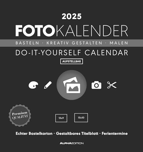 Alpha Edition - Foto-Bastelkalender schwarz 2025, 16x17cm, Do it yourself Kalender mit Seiten aus hochwertigem Bastelkarton, gestaltbares Titelblatt und Ferientermine DE/AT/CH