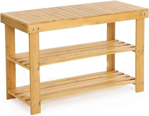 MantraRaj Bamboo 3 Tier Shoe Rack Bench Seater Shoe Organiser with Seat for Entryway, Hallway And Living Room Footwear Holds up to 6 Pairs of Shoes Bench Wooden