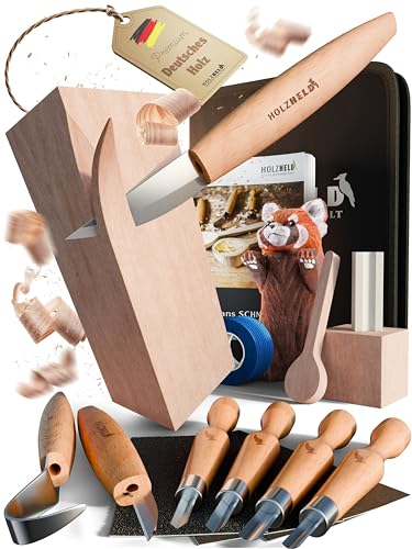 HOLZHELD hochwertiges Schnitzwerkzeug (24 teil.) inkl. 32 S. Anleitung 4 Vorlagen u dt. Schnitzholz zum Schnitzen. Schnitzset M Holzbearbeitungswerkzeug
