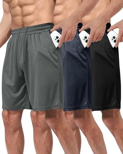 BOOJO 3er Pack Sporthose Herren Kurz Hosen mit Taschen Sport Shorts Schnell Trocknend Trainingshose für Gym Fitness(Schwarz/Dunkelgrau/Dunkelblau,4XL)