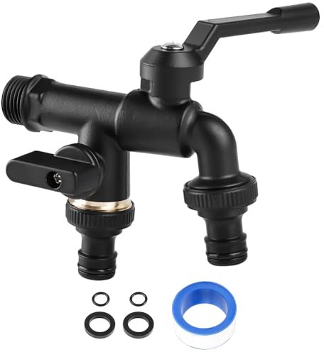 3/4 Zoll Garten Wasserhahn, Doppel Auslaufhahn aus Messing rost-und frostsicher, Auslaufventil 3/4 Zoll, Aussen Frostsicher Auslaufhahn für Garten, Waschmaschine, Regentonne, Schwarz