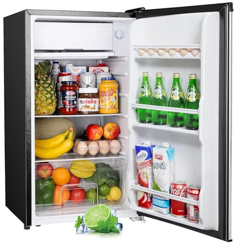 Upstreman 91L Petit Frigo avec Congélateur et Bac à Légumes,Thermostat Réglable, Mini Frigo de Chambre, Mini Réfrigérateur pour Dortoir, Bureau, Acier Inoxydable- BR321