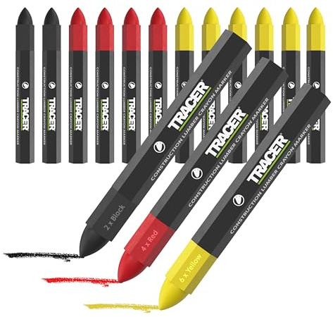 Tracer Construction Lumber Crayon Markers, Pack of 12 - Mixed Colours. 6 x Yellow, 4 x Red, 2 x Black, Multi Surface Marking Crayons