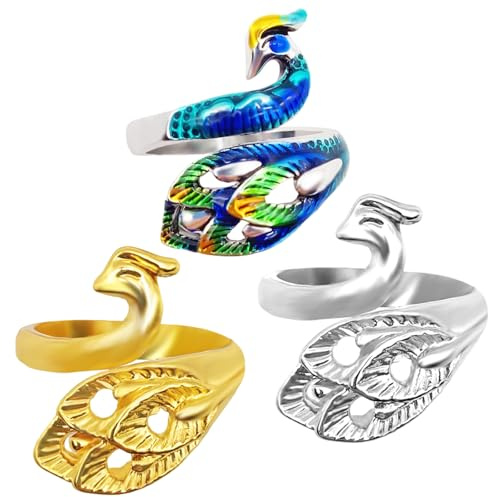 LLMSIX 3pcs Crochet Ring, Peacock Shape Tension Rings for Crocheting, Adjustable Yarn Crochet Accessories for Mother Handicraft Enthusiasts Daily Fixed Yarn