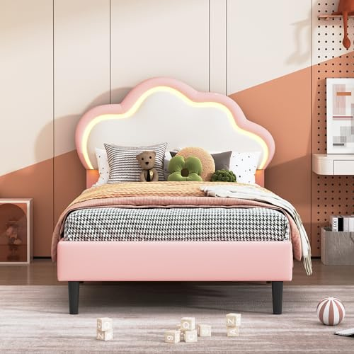 Lit Enfant 90x200 cm, Lit Fille Princesse avec Éclairage LED, Tête de lit Réglable en Forme de Couronne,Cadre de lits Rembourré avec Sommier à Lattes,Pour Enfants & Adultes (Blanc-PU-B, 90x200cm)