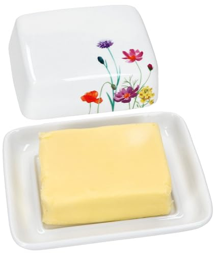MamboCat Marie 2tlg. Butterdose mit Deckel I rechteckige Porzellan-Dose mit Blumenwiese-Dekor für 1 Stück Butter (250g) I Behälter zur Aufbewahrung von Butter & Margarine