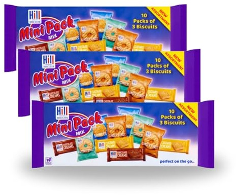 Hill Mini Pack Assorted Biscuits – 30 Packs of 3 Biscuits (10 Flavours Including Shorties, Ginger Rings, Chocolate Creams, Custard Creams, & More) – Ideal for On-the-Go Snacks & Lunchboxes