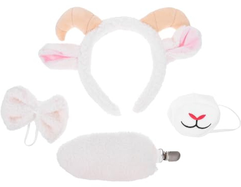 FRCOLOR Kit Costume da Capra con Cerchietto Orecchie di Agnello Bianche, Coda Animale Clip On e Corna Curve in Poliestere per Attività di Travestimento e Feste