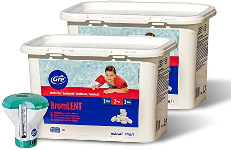 Gre 76025 - Bromo in pastiglie da 20gr - Brom lent 2 KG (1+1)+DOSATORE GALLEGGIANTE CON TERMOMETRO.Ideale per Piscina e Spa Idromassaggio