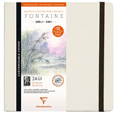 Clairefontaine 975443C - Un carnet cousu de papier dessin Fontaine blanc satiné 24 pages 21x21 cm 300g + 12 cartes postales pré-imprimées