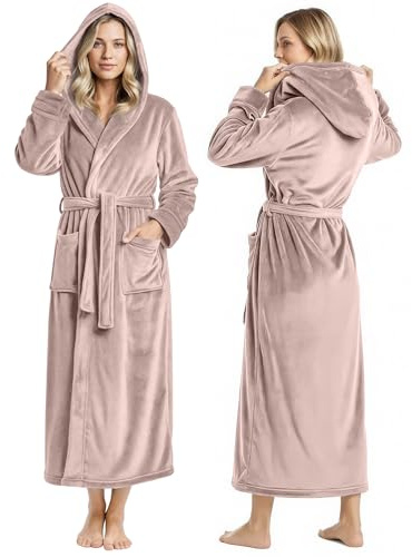 NY Threads Peignoir long en polaire à capuche pour femme, taupe, Large