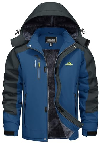 KEFITEVD Vestes Ski Homme Hiver Chaud Imperméables Polaire Coupe-Vent Manteau Multi-Poches Capuche Détachable Bleu Marine 3XL