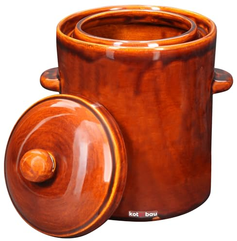 KOTARBAU® Olla de gres, 5 L, Marrón, Olla de barro con tapa hermética y canal de agua, Cazuela de cerámica con asas, Recipiente de cocina para fermentación, chucrut, Apto para horno y lavavajillas