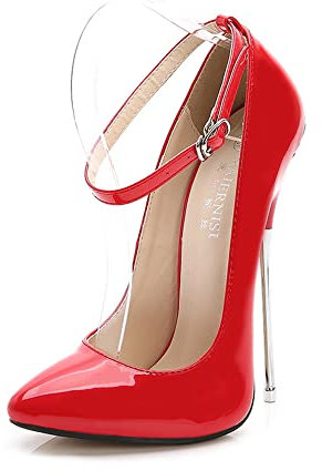 Women's 16cm Sexy Stiletto Pumps Ankle Strap High Heels Pointed Wedding Party Dress Shoes (5,Red)