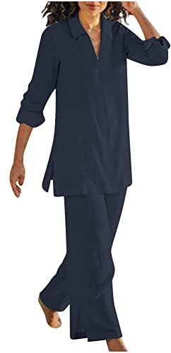 NUSGEAR 2023 Conjunto Dos Piezas Mujer Casual Lino algodón Camisa manga larga y Pantalones verano otoño Deportivo Suelto Traje Cómodo cuello en V Conjunto Casa Moda Color sólido ligera Talla grande